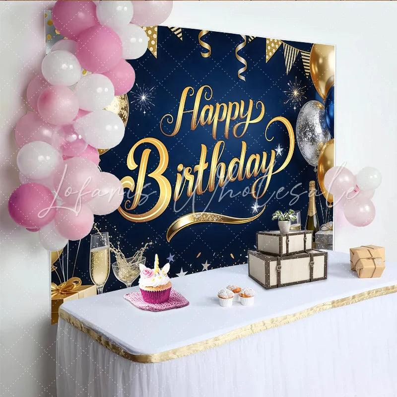 Lofaris Elegant Blue and Gold Happy Birthday Backdrop with Balloons and Glitter Sparkling Party Background for Adults and Kids Photoshoot