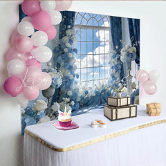 Lofaris Elegant Blue and White Floral Window Photography Backdrop Beautiful Sky View Background for Studio Photoshoots and Events