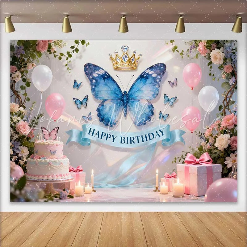Lofaris Elegant Blue Butterfly and Gold Crown Birthday Cake Smash Backdrop Pink Flowers and Balloons Party Decor