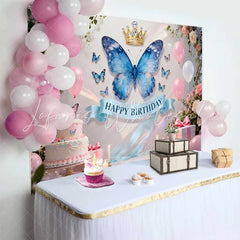 Lofaris Elegant Blue Butterfly and Gold Crown Birthday Cake Smash Backdrop Pink Flowers and Balloons Party Decor