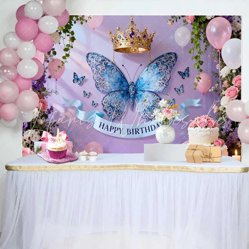 Lofaris Elegant Blue Butterfly and Gold Crown Birthday Cake Smash Backdrop Princess Floral Party Decor