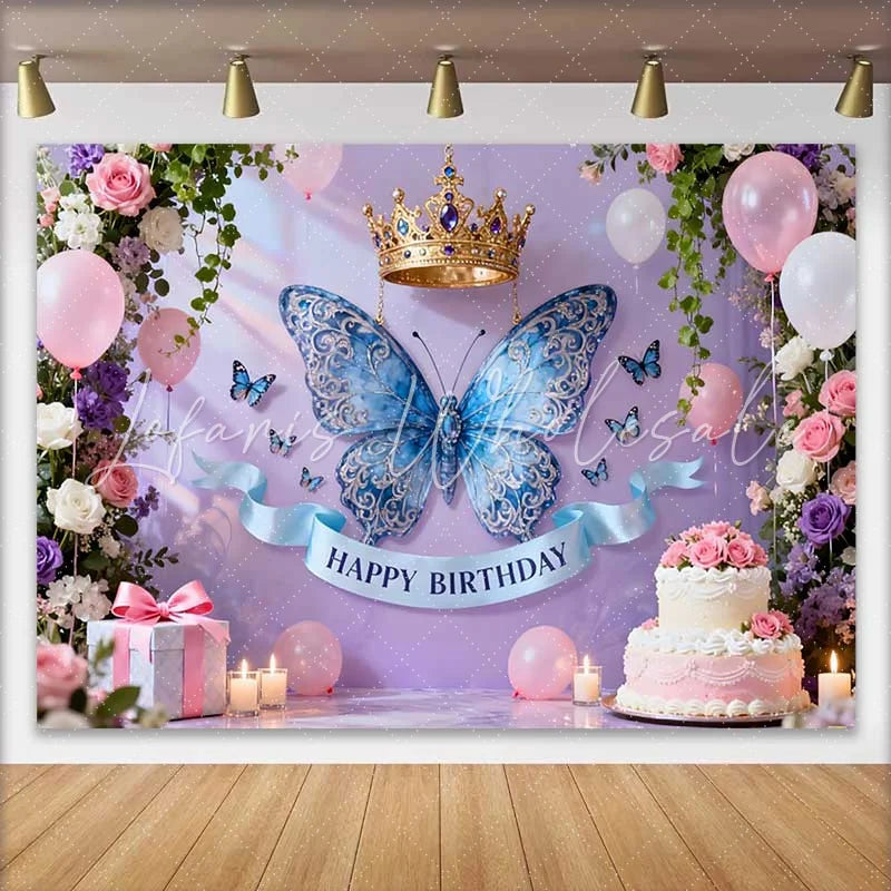 Lofaris Elegant Blue Butterfly and Gold Crown Birthday Cake Smash Backdrop Princess Floral Party Decor