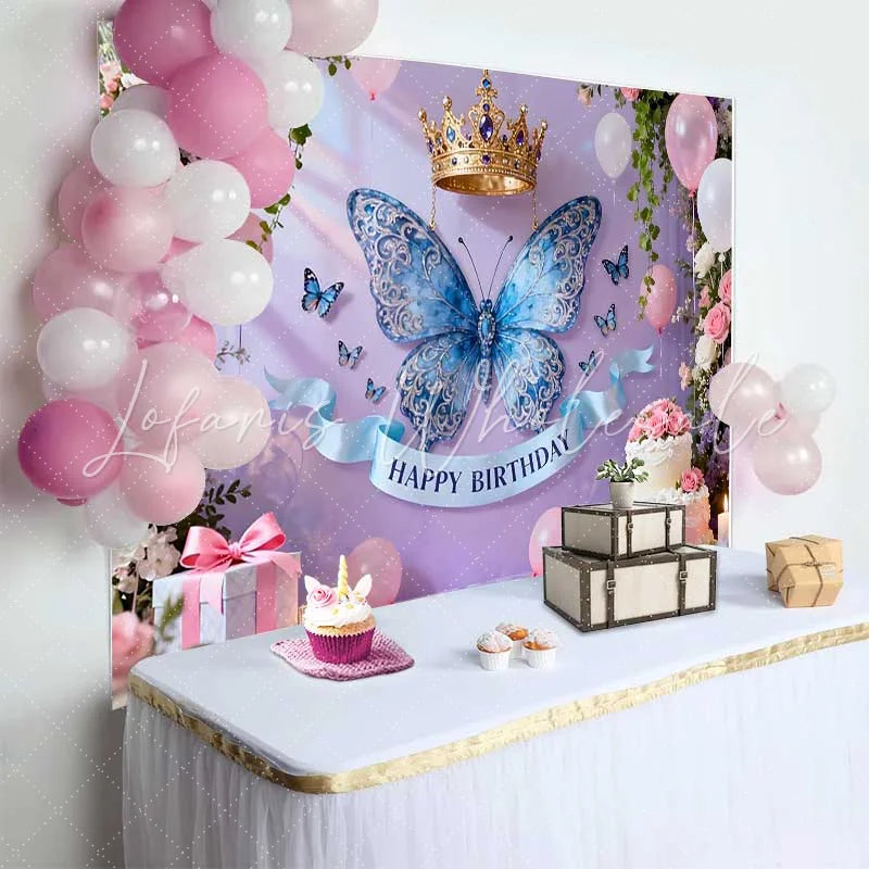 Lofaris Elegant Blue Butterfly and Gold Crown Birthday Cake Smash Backdrop Princess Floral Party Decor