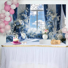 Lofaris Elegant Blue Floral Window Photography Backdrop with White Roses and Hydrangeas Luxurious Studio Background for Wedding or Event