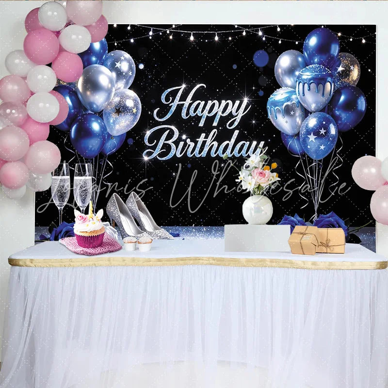 Lofaris Elegant Blue Silver Glitter Birthday Backdrop with Balloons Sparkling Party Background for Women’s Celebration Photoshoot