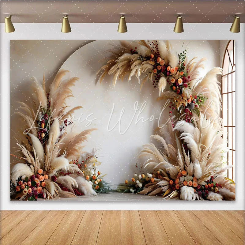 Lofaris Elegant Boho Arch Photography Backdrop Pampas Grass and Berries Room Set Backdrop
