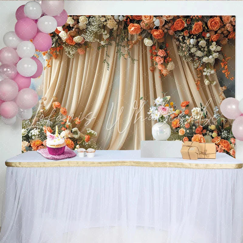 Lofaris Elegant Boho Floral Backdrop with Cream Drapes featuring Peach and Orange Roses for Wedding Party Decor