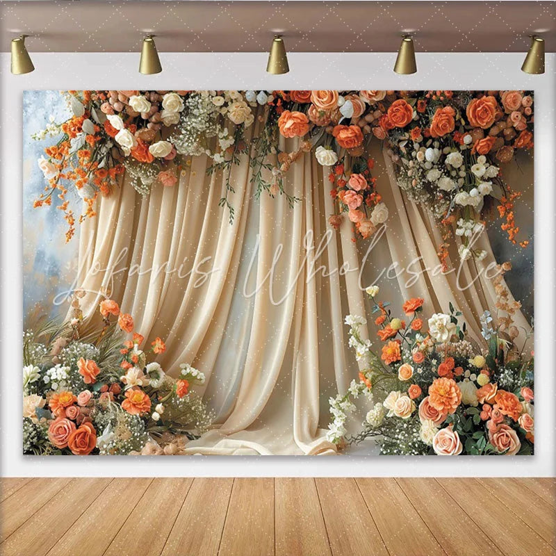 Lofaris Elegant Boho Floral Backdrop with Cream Drapes featuring Peach and Orange Roses for Wedding Party Decor