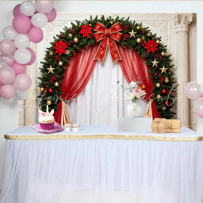 Lofaris Elegant Christmas Arch Backdrop with Red Poinsettias Luxurious Holiday Background for Festive Party Decor.