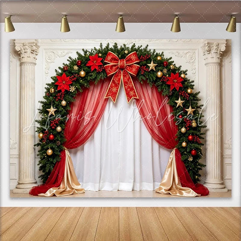 Lofaris Elegant Christmas Arch Backdrop with Red Poinsettias Luxurious Holiday Background for Festive Party Decor.
