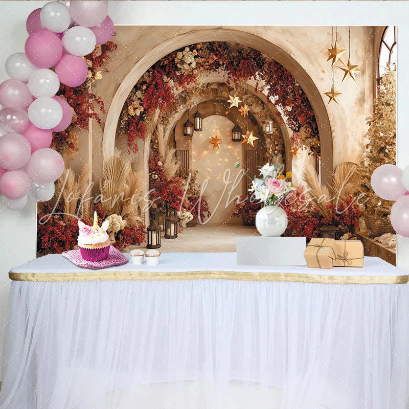 Lofaris Elegant Christmas Archway Backdrop with Red Flowers and Stars Festive Winter Holiday Photography Background for Party Decor