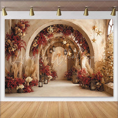 Lofaris Elegant Christmas Archway Backdrop with Red Flowers and Stars Festive Winter Holiday Photography Background for Party Decor