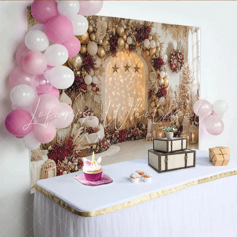 Lofaris Elegant Christmas Backdrop with Gold Balloons and Red Flowers Luxurious Winter Holiday Photography Background for Festive Party