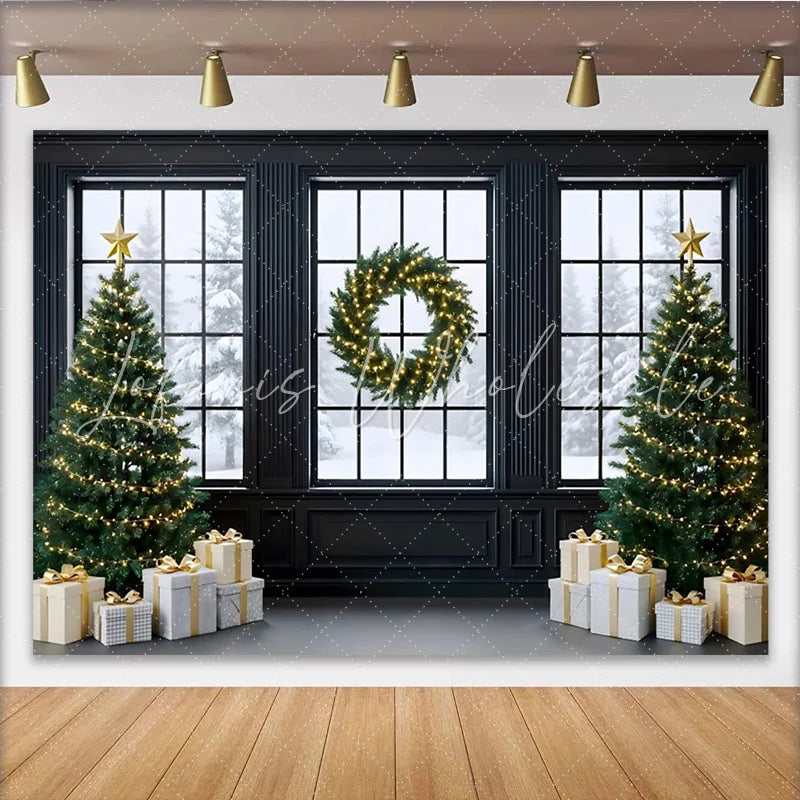 Lofaris Elegant Christmas Backdrop with Snowy Window Trees and Wreath Festive Holiday Photo Background for Winter Party Decor.