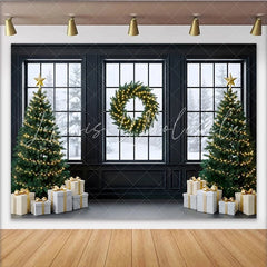 Lofaris Elegant Christmas Backdrop with Snowy Window Trees and Wreath Festive Holiday Photo Background for Winter Party Decor.