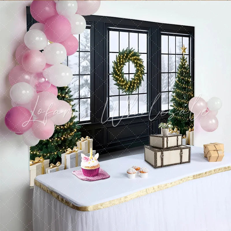 Lofaris Elegant Christmas Backdrop with Snowy Window Trees and Wreath Festive Holiday Photo Background for Winter Party Decor.
