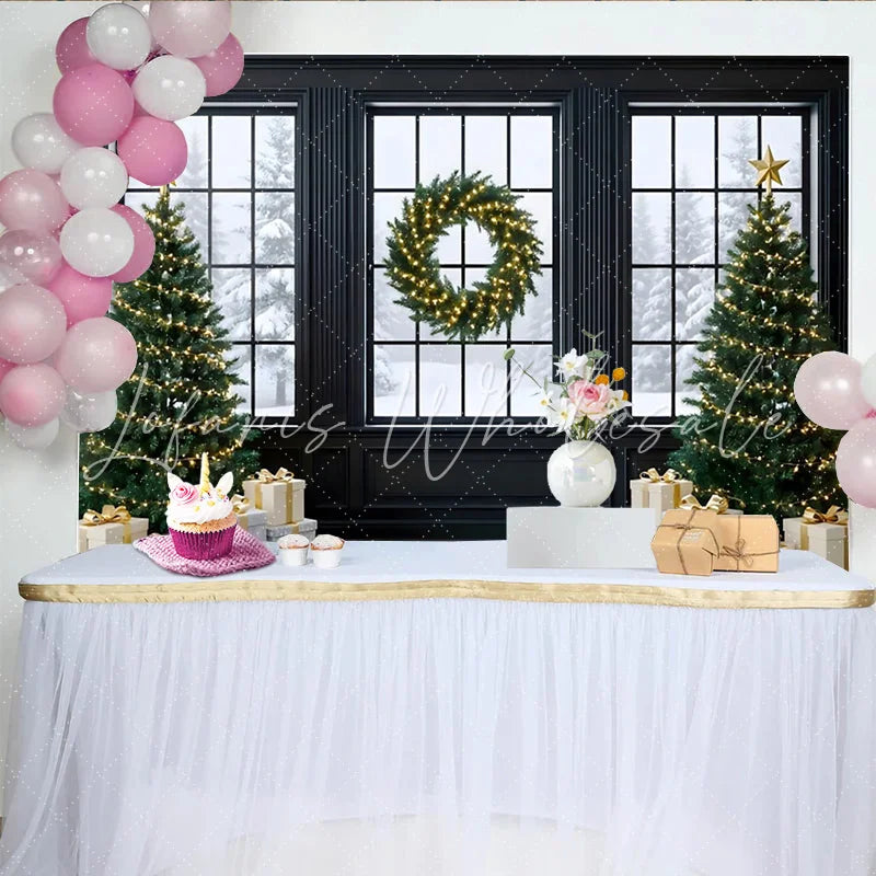 Lofaris Elegant Christmas Backdrop with Snowy Window Trees and Wreath Festive Holiday Photo Background for Winter Party Decor.