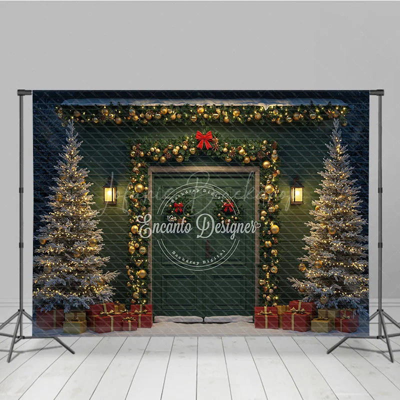 Lofaris Elegant Christmas Door Photography Backdrop Green with Gold Garland Snowy Holiday Photo Background