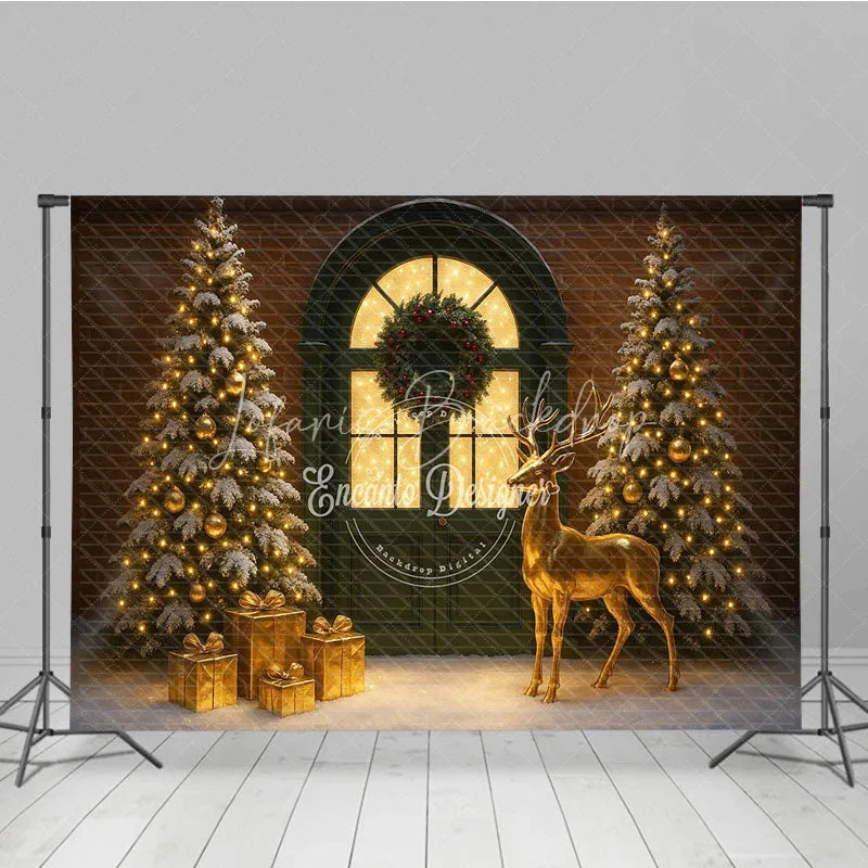 Lofaris Elegant Christmas Door Photography Backdrop Green with Gold Reindeer Snowy Holiday Mini Session Background