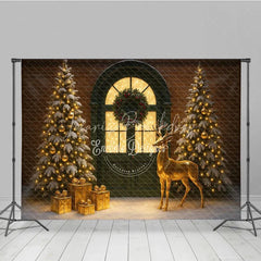 Lofaris Elegant Christmas Door Photography Backdrop Green with Gold Reindeer Snowy Holiday Mini Session Background