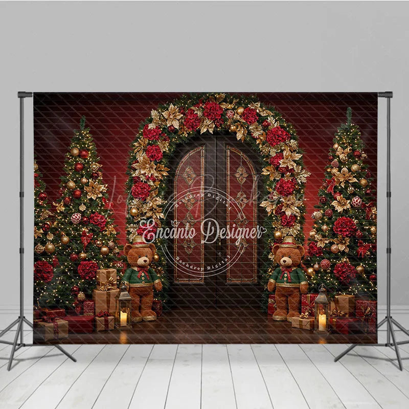Lofaris Elegant Christmas Doorway Photography Backdrop Red and Gold Poinsettia Arch Holiday Photo Background with Bears