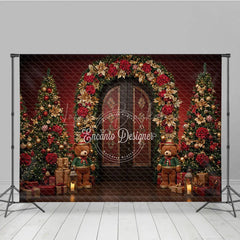 Lofaris Elegant Christmas Doorway Photography Backdrop Red and Gold Poinsettia Arch Holiday Photo Background with Bears