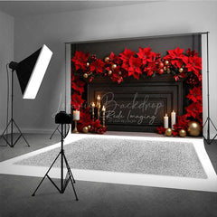 Lofaris Elegant Christmas Fireplace Photography Backdrop Black Mantel with Red Poinsettias Holiday Studio Photo Prop