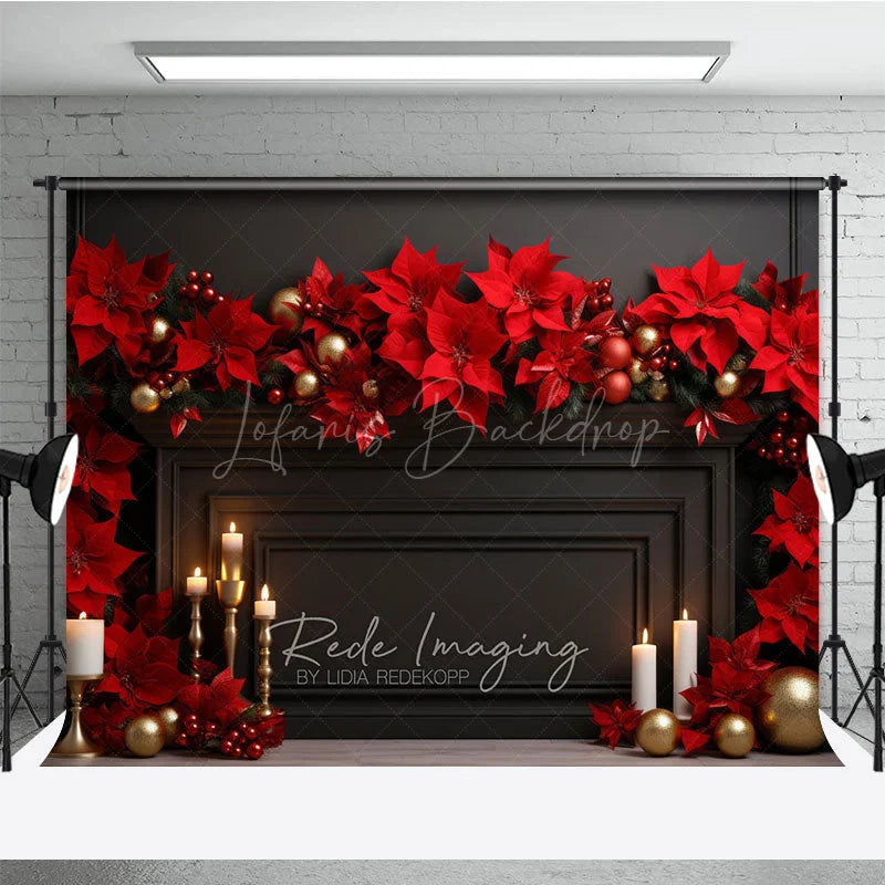 Lofaris Elegant Christmas Fireplace Photography Backdrop Black Mantel with Red Poinsettias Holiday Studio Photo Prop