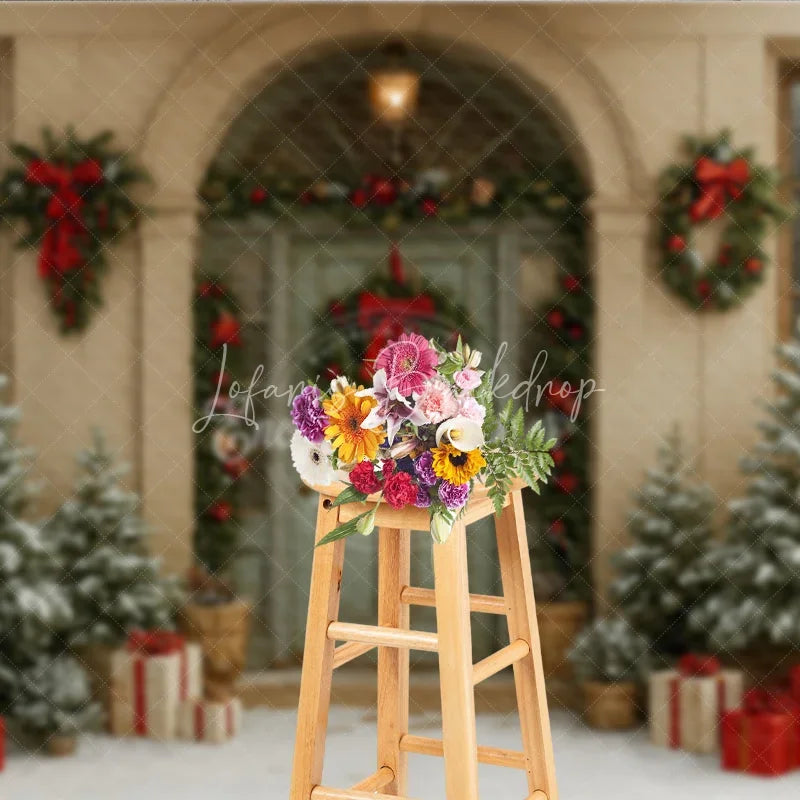 Lofaris Elegant Christmas Front Door Photography Backdrop Green with Wreaths Snowy Holiday Photo Background