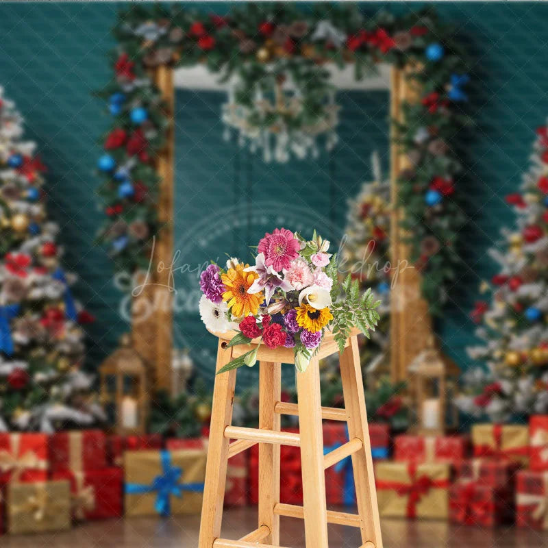 Lofaris Elegant Christmas Mirror Photography Backdrop Red and Blue Ornaments with Garland Classic Holiday Photo Background