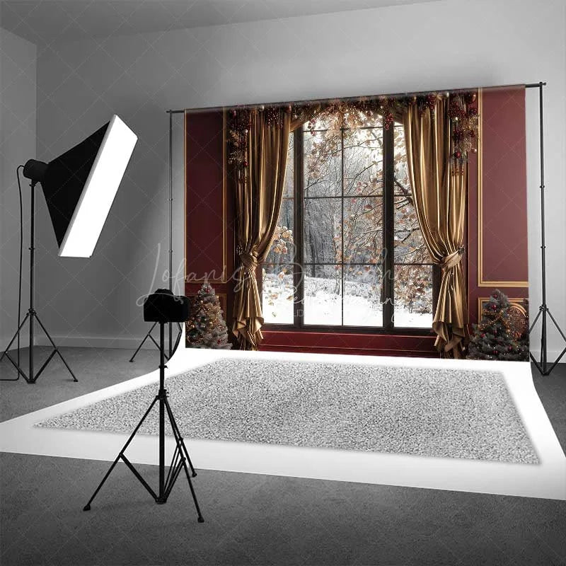 Lofaris Elegant Christmas Window Photography Backdrop Snowy Winter Forest View with Gold Curtains Holiday Portrait Studio Prop