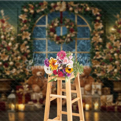 Lofaris Elegant Christmas Window Photography Backdrop Teddy Bears and Golden Trees Snowy View Holiday Photo Background
