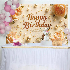 Lofaris Elegant Cream Floral Happy Birthday Backdrop with Golden Pearls and Butterflies Celebration Party Decor