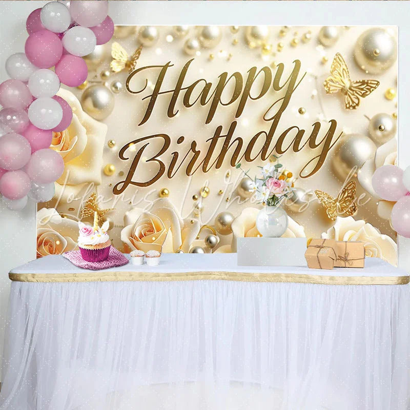 Lofaris Elegant Cream Happy Birthday Backdrop with Golden Butterflies and Pearls Rose Floral Celebration Decor