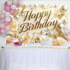 Lofaris Elegant Cream Happy Birthday Backdrop with Golden Butterflies and Pearls Rose Floral Celebration Decor