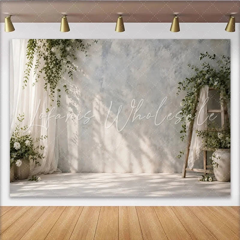 Lofaris Elegant Fine Art Photography Backdrop with Greenery and Sheer Curtains Natural Light Studio Background for Portraits