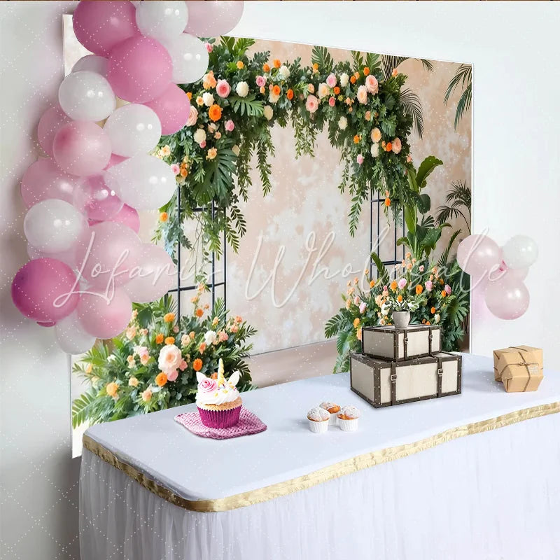 Lofaris Elegant Floral Arch Photography Backdrop with Lush Greenery Pink Orange Flowers Studio Background for Wedding Event Decor