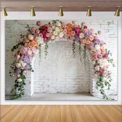 Lofaris Elegant Floral Arch Photography Backdrop with Pink and White Flowers White Brick Wall Background for Photoshoot