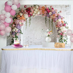 Lofaris Elegant Floral Arch Photography Backdrop with Pink and White Flowers White Brick Wall Background for Photoshoot