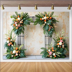 Lofaris Elegant Floral Arch Photography Backdrop with Tropical Leaves and White Orange Flowers Beautiful Event Background for Wedding Party