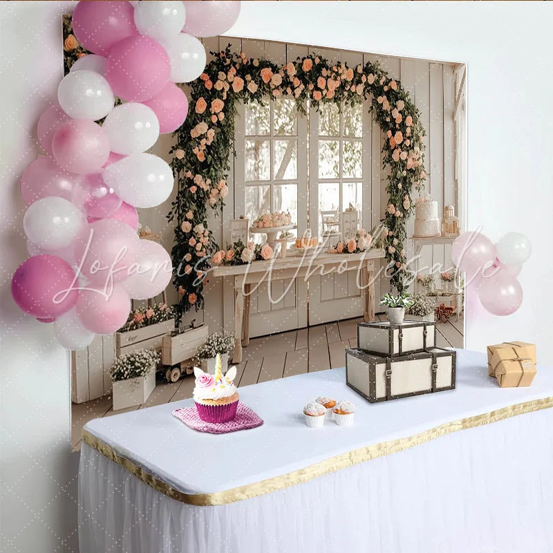 Lofaris Elegant Floral Arch Wedding Backdrop with Peach Roses and Rustic Wood Photo Booth Prop for Bridal Shower and Party Decoration