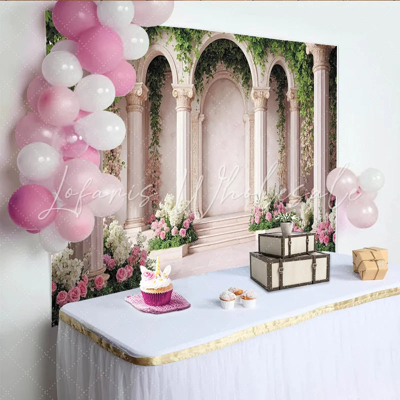 Lofaris Elegant Floral Archway Photography Backdrop with Pink Roses Romantic Garden Studio Background for Portrait Photoshoot