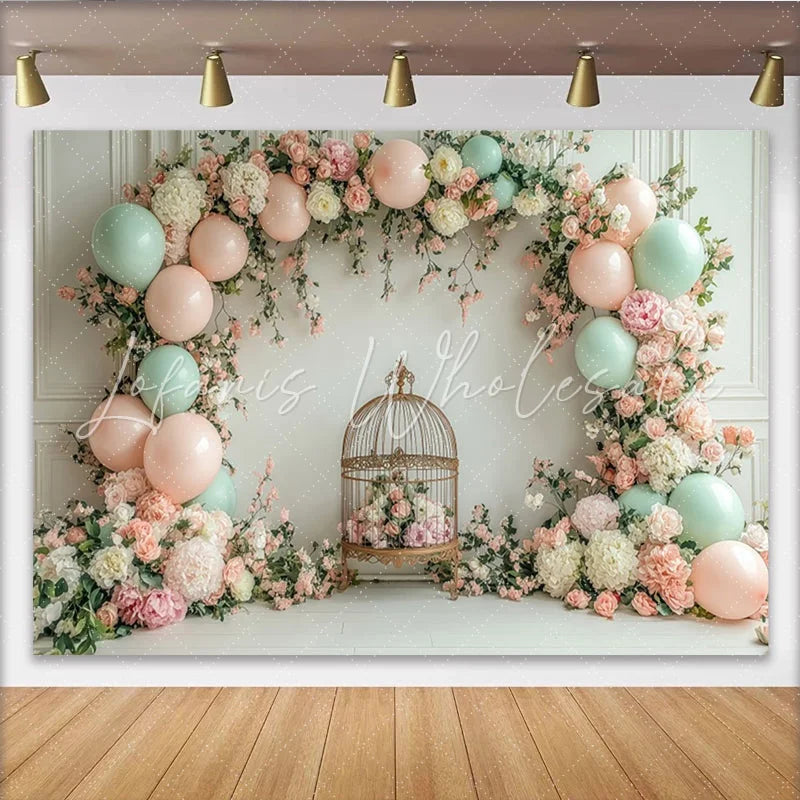 Lofaris Elegant Floral Baby Shower Backdrop with Pink and Mint Balloons Charming Photography Background for Party Decor