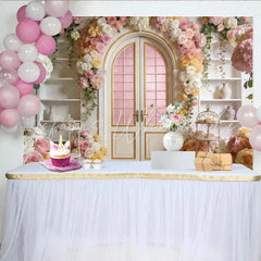 Lofaris Elegant Floral Door Photography Backdrop with Pink and White Roses Romantic Archway Background for Wedding Party Decor