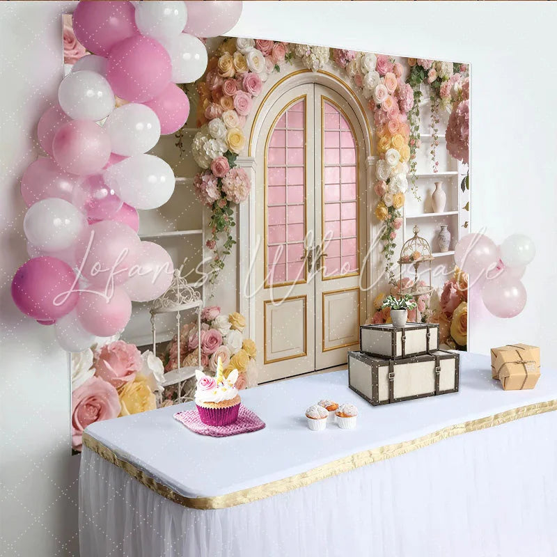 Lofaris Elegant Floral Door Photography Backdrop with Pink and White Roses Romantic Archway Background for Wedding Party Decor