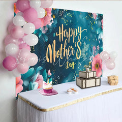 Lofaris Elegant Floral Happy Mother’s Day Backdrop with Pink and Teal Flowers Gold Script Background for Party Decor