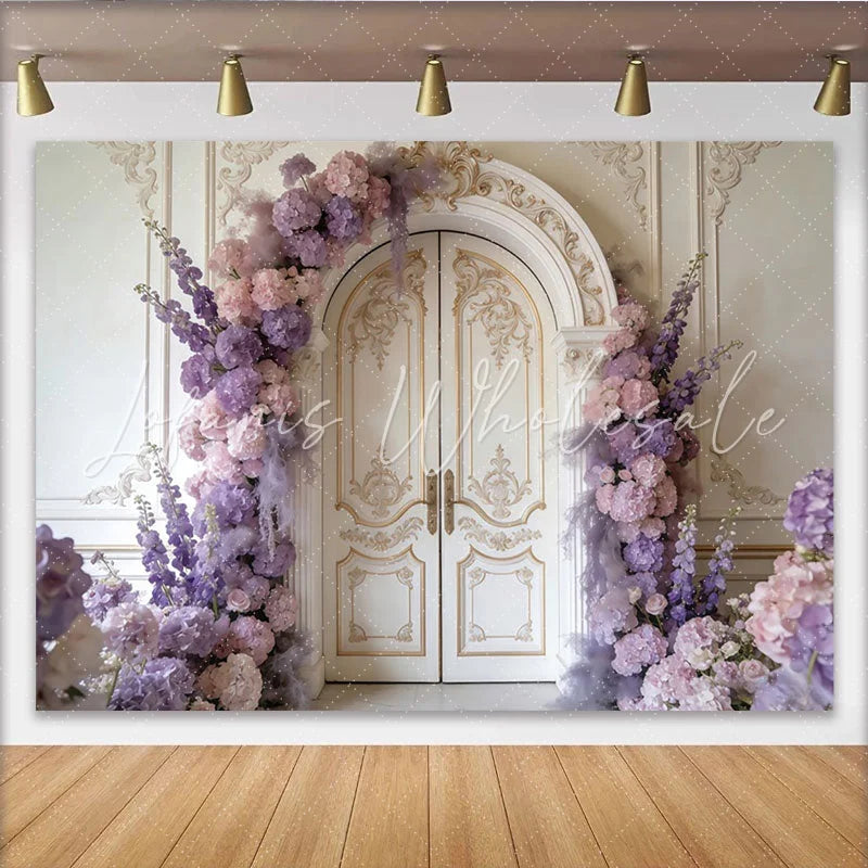 Lofaris Elegant Floral Photography Backdrop with Ornate Arch Door Purple and Pink Flowers Studio Background for Wedding Photoshoot