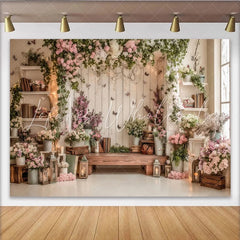 Lofaris Elegant Floral Photography Backdrop with Rustic Wood and Pink Flowers Whimsical Studio Background for Natural Portrait Photoshoot