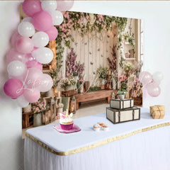 Lofaris Elegant Floral Photography Backdrop with Rustic Wood and Pink Flowers Whimsical Studio Background for Natural Portrait Photoshoot