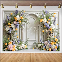 Lofaris Elegant Floral Photography Backdrop with White Arch and Columns Pastel Flowers for Studio Photoshoot and Event Decor